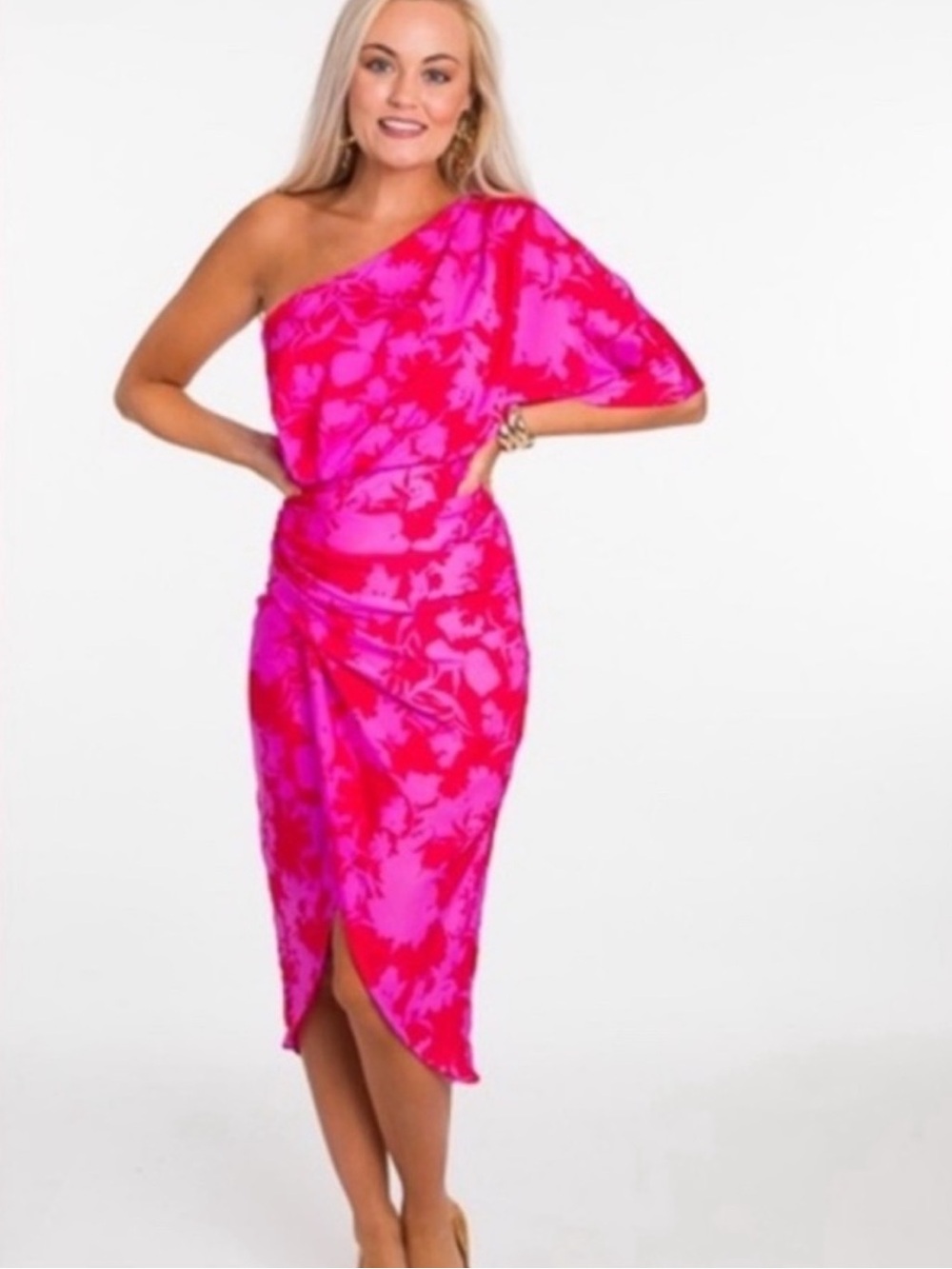 DO+BE One-Shoulder Pink and Red Floral Ruched Midi Dress in